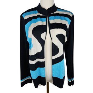 Ming Wang Cardigan Jacket Size Medium Black Blue White Knit Quiet Luxury